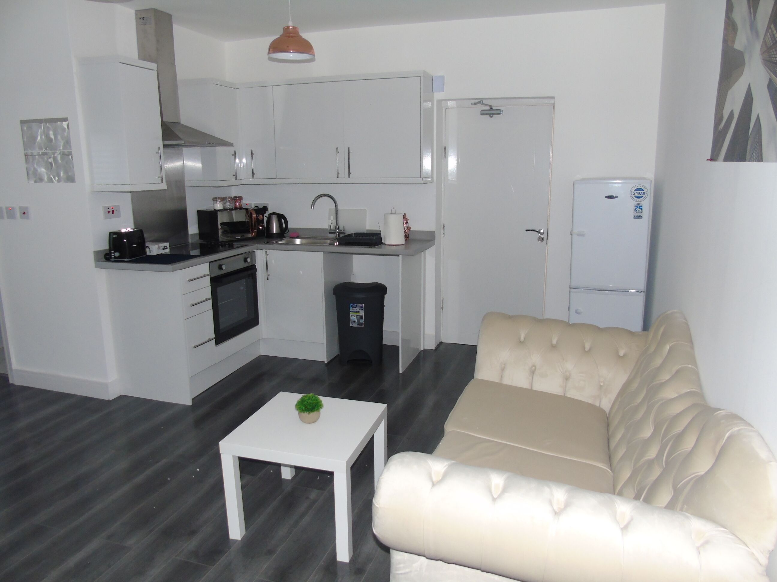 A compact living space with a kitchenette, a sofa, and a small table.