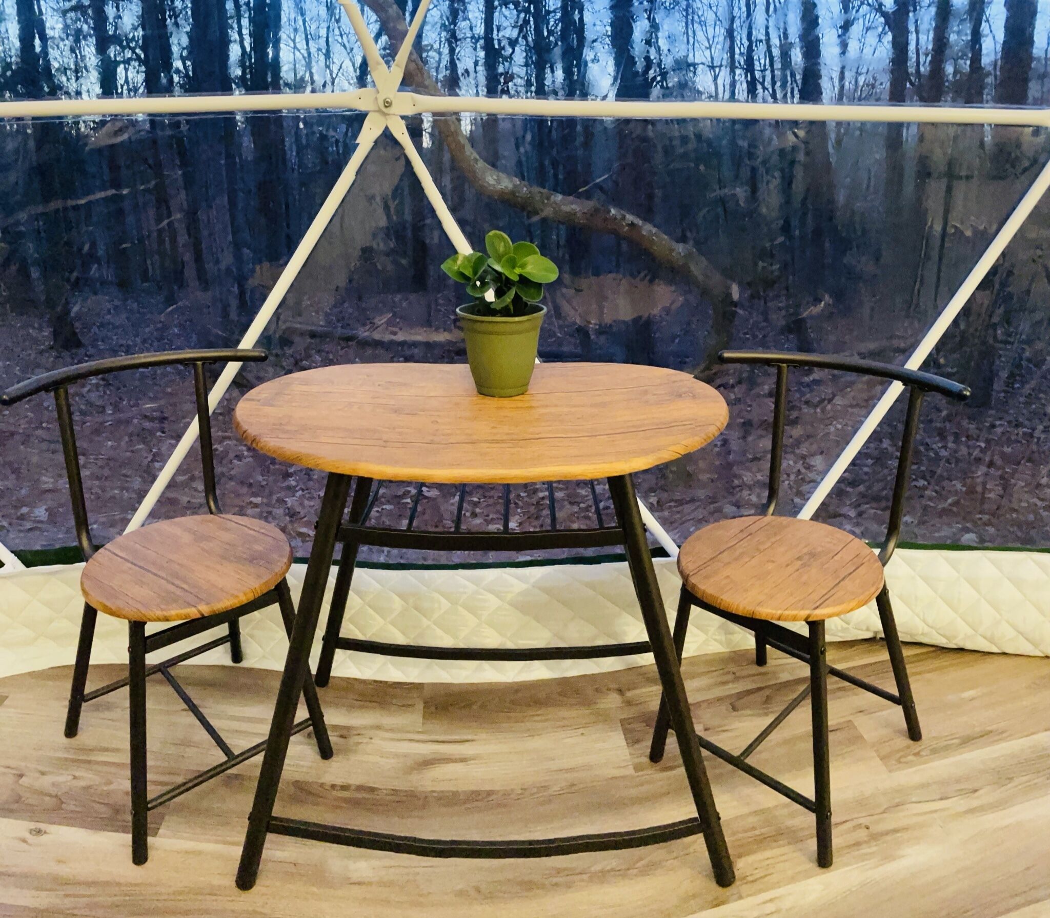 A round wooden table with two chairs, a potted plant, and a tent structure with a view of trees.