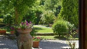 Ein Garten mit vielfältigen Pflanzen und Blumen, einem gepflasterten Weg und einem ordentlich gestutzten Rasen.