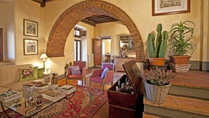 A spacious living area with a large arched brick fireplace, comfortable seating, and a variety of potted plants. - Villa in Cortona with 3 bedrooms sleeps 8 (Cortona)
