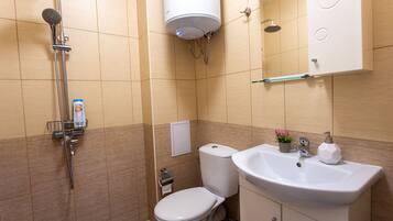 Combined shower/tub, free toiletries, hair dryer, slippers