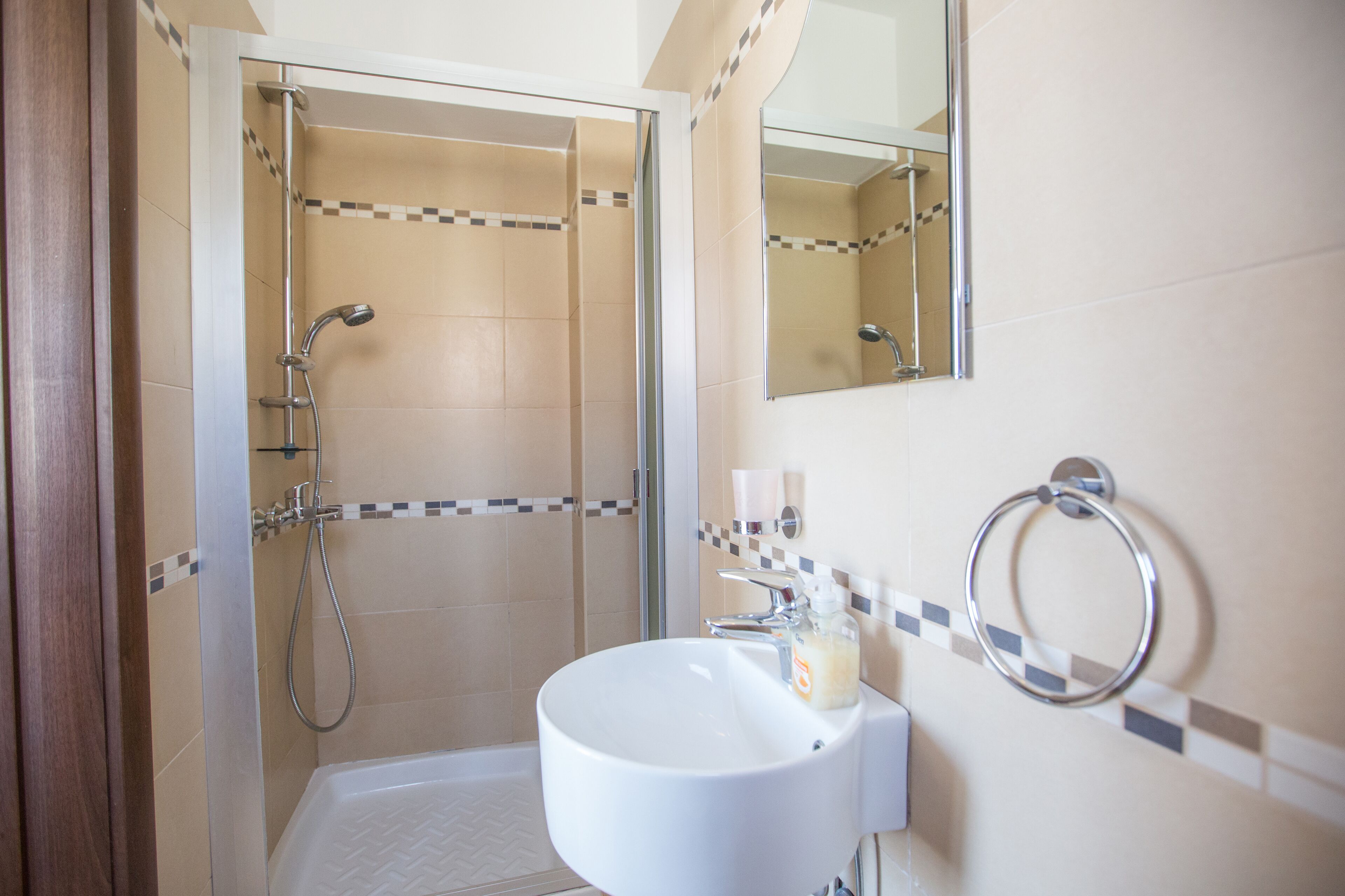 A bathroom with a shower, a sink, and a mirror.