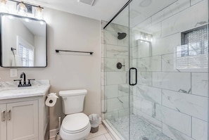 Combined shower/tub, hair dryer, soap
