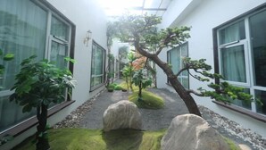 A narrow indoor corridor with large windows, a moss-covered ground, and a bonsai tree. - Greentree Eastern Hotel (Jianhu Ouba Liya Life Square) (Jianhu)