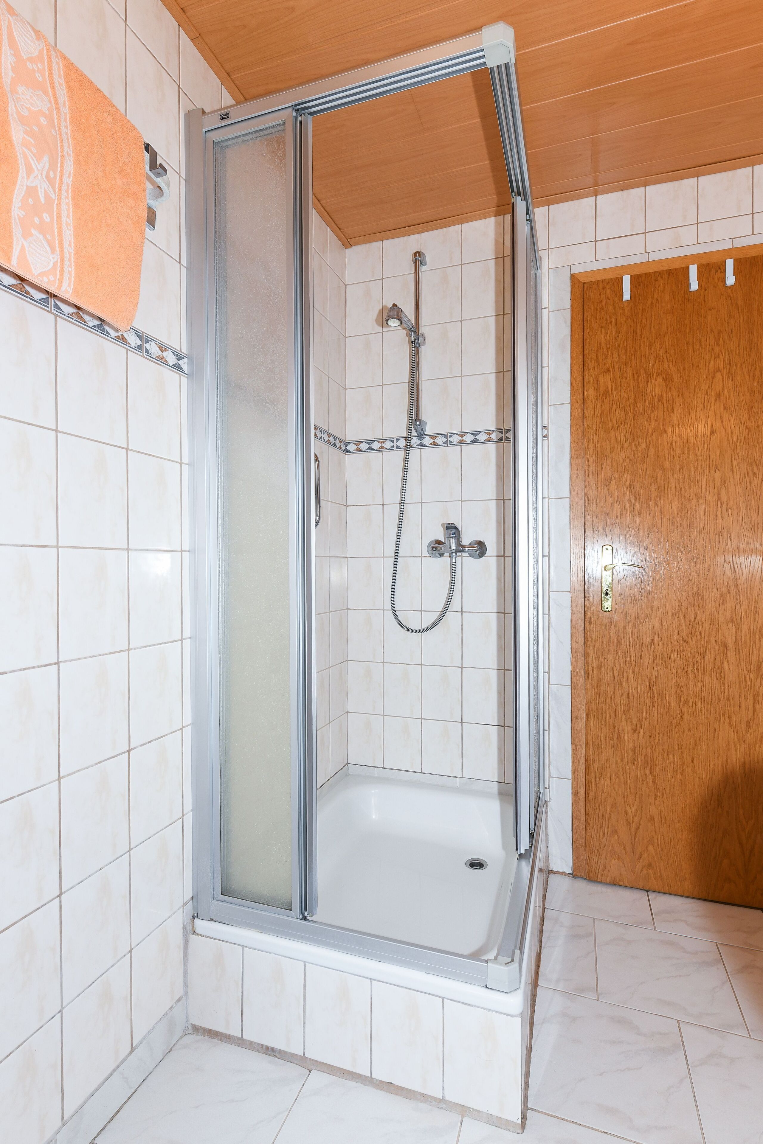 A shower enclosure with a glass door, a wooden door to the right, and tiled walls.