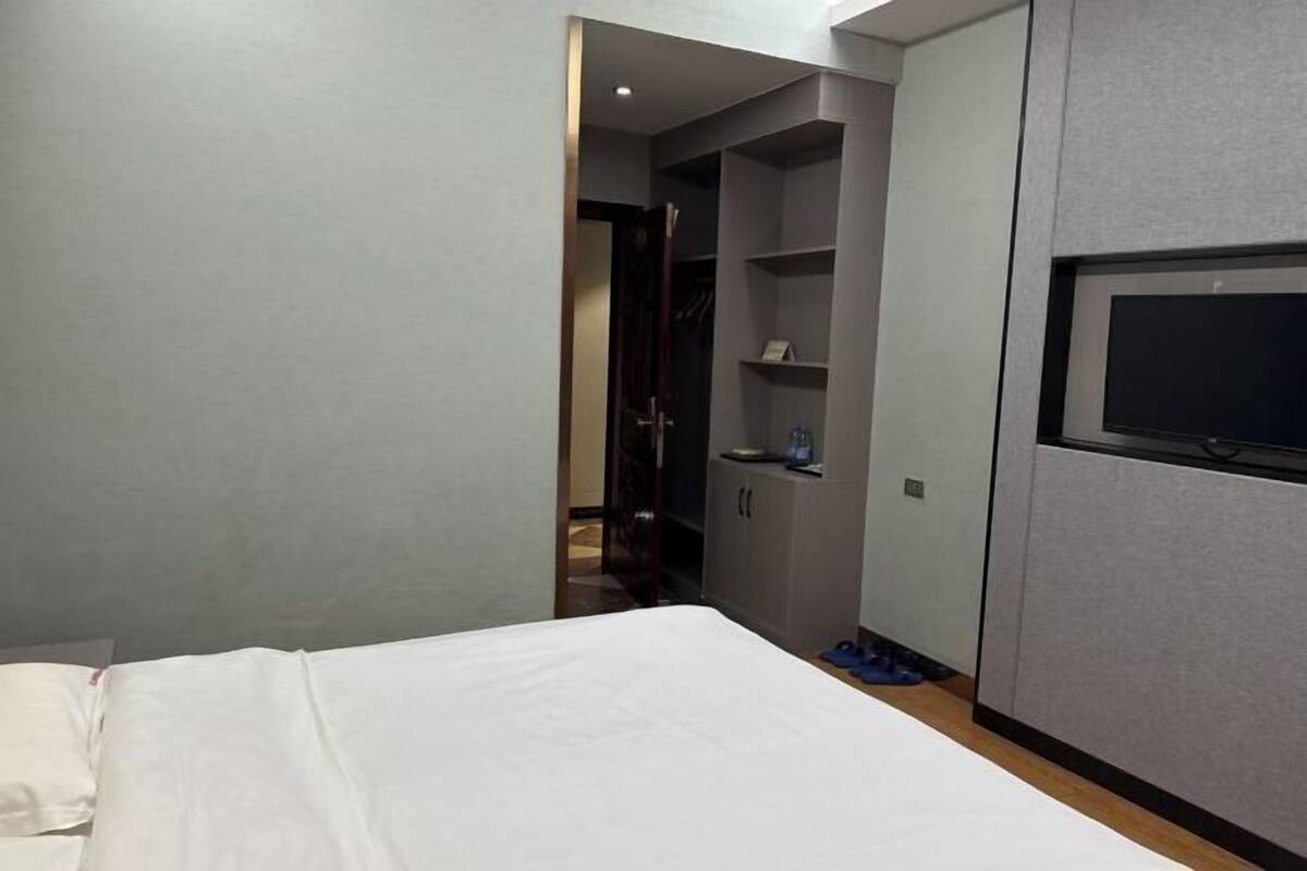 Una habitación de hotel con cama, televisión, armario y zapatero.