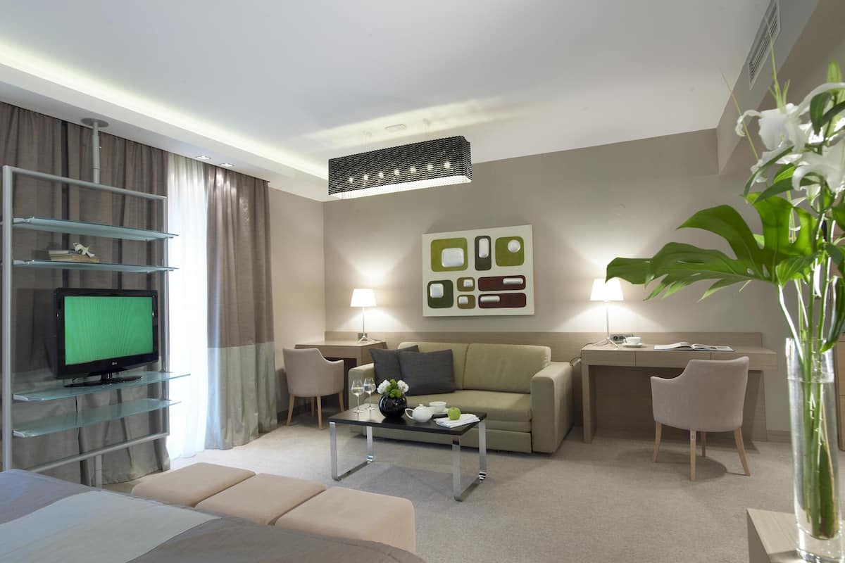 Suite monolocale Deluxe | Biancheria da letto di alta qualità, copriletto in piuma, minibar