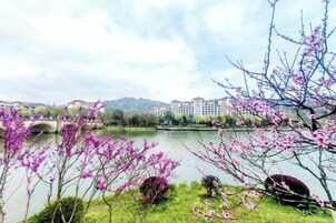 A river with a bridge, a park with flowering trees, and buildings in the background.
