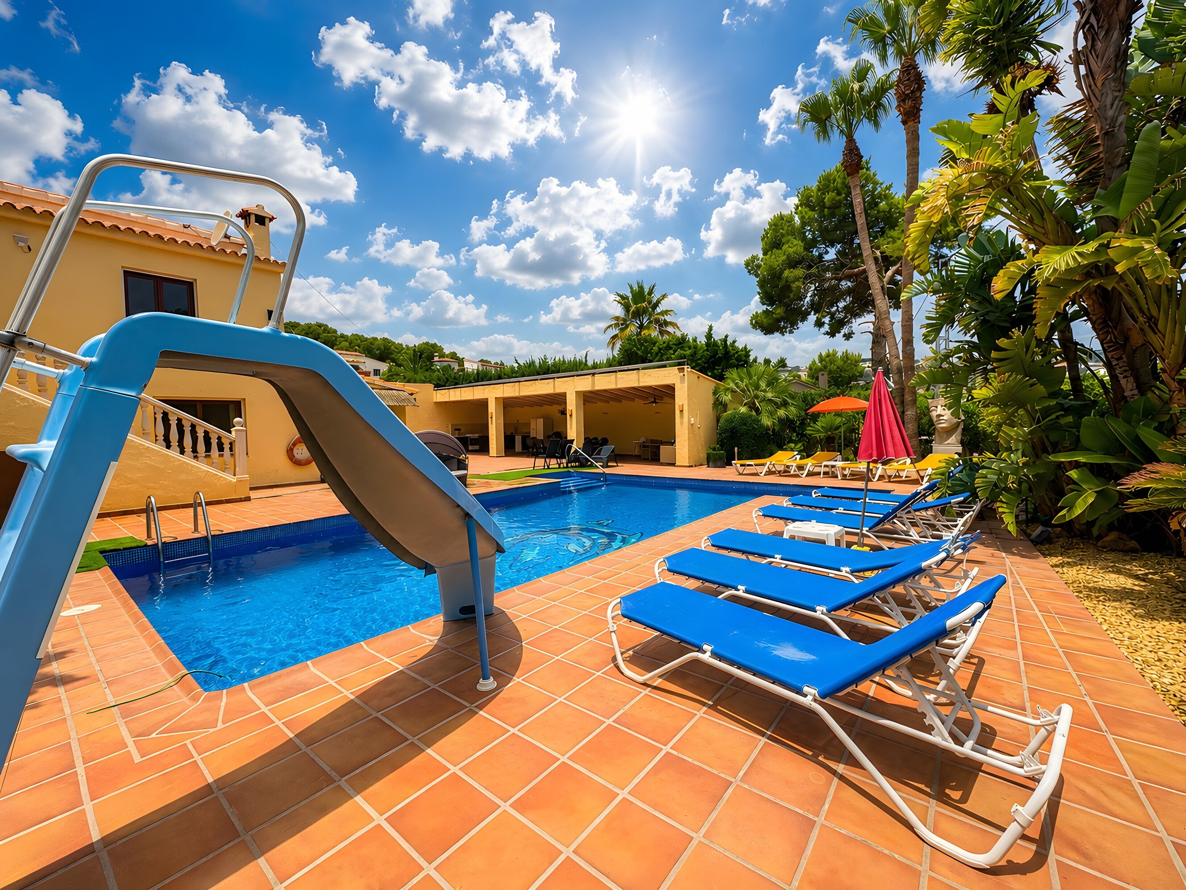 Una piscina con sillas de descanso azules y una zona cubierta.