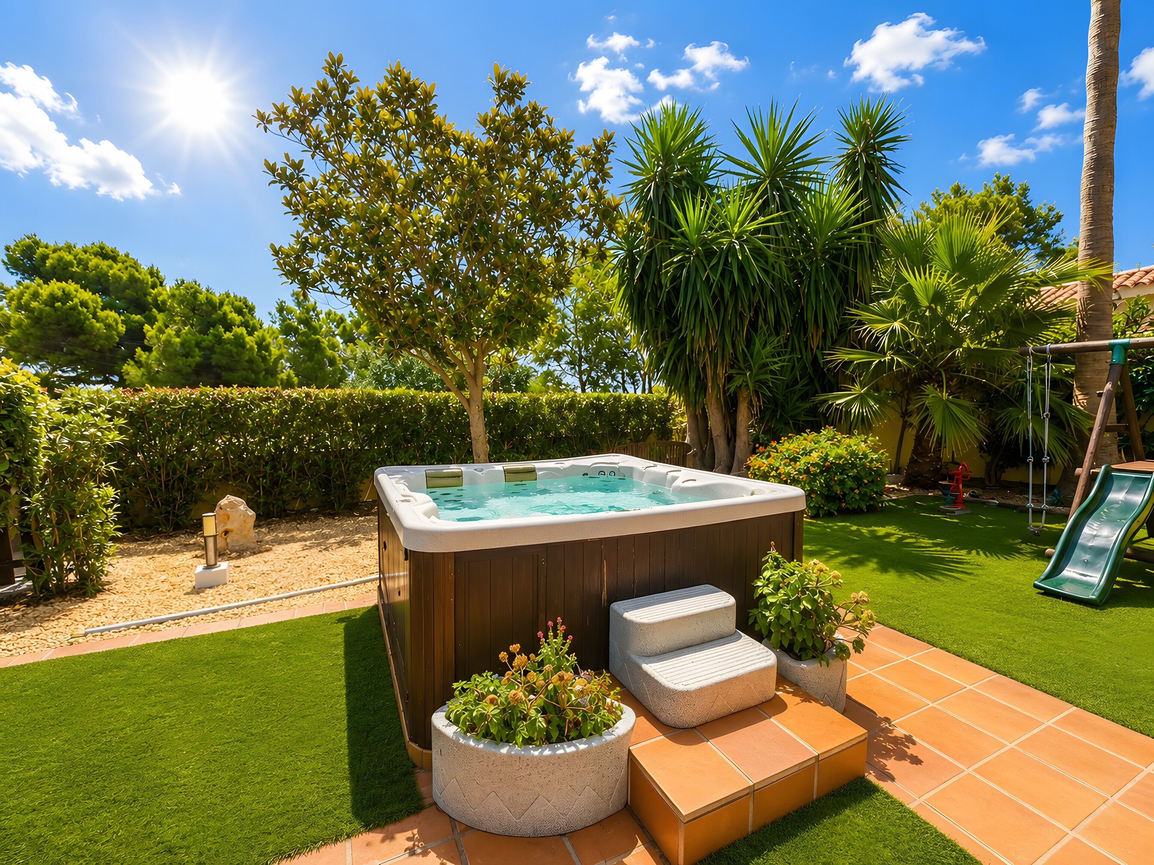Un bain à remous entouré d’une pelouse bien entretenue, d’une terrasse en bois et de diverses plantes.