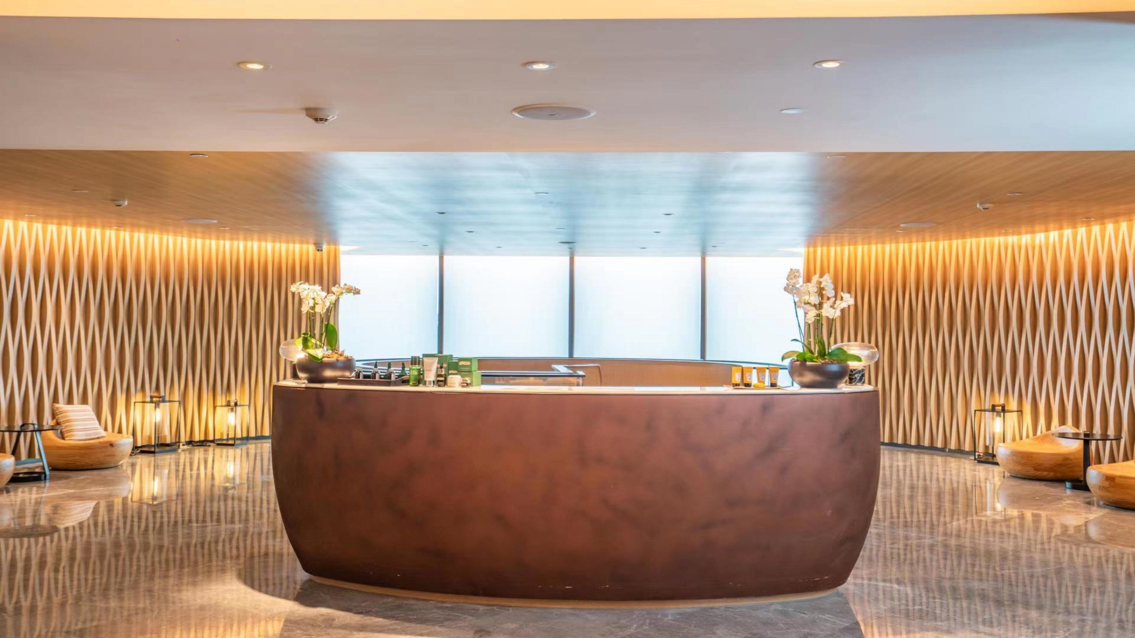 A modern reception area with a curved reception desk, two potted orchids, and a seating area with cushioned chairs.