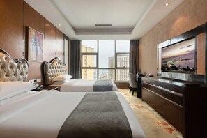 A hotel room with two beds, a TV, a desk, and a view of the cityscape. - Tianfu Howard Easy Hotel (Funan)