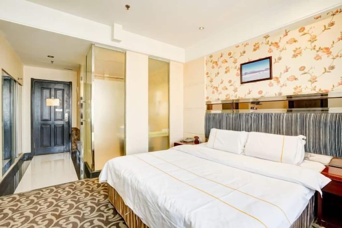 A hotel room with a large bed, a television on the wall, and a patterned carpet.