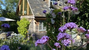 Puinen mökki, jossa on kalteva katto, ja sen ympärillä on vehreää kasvillisuutta ja violetteja kukkia.