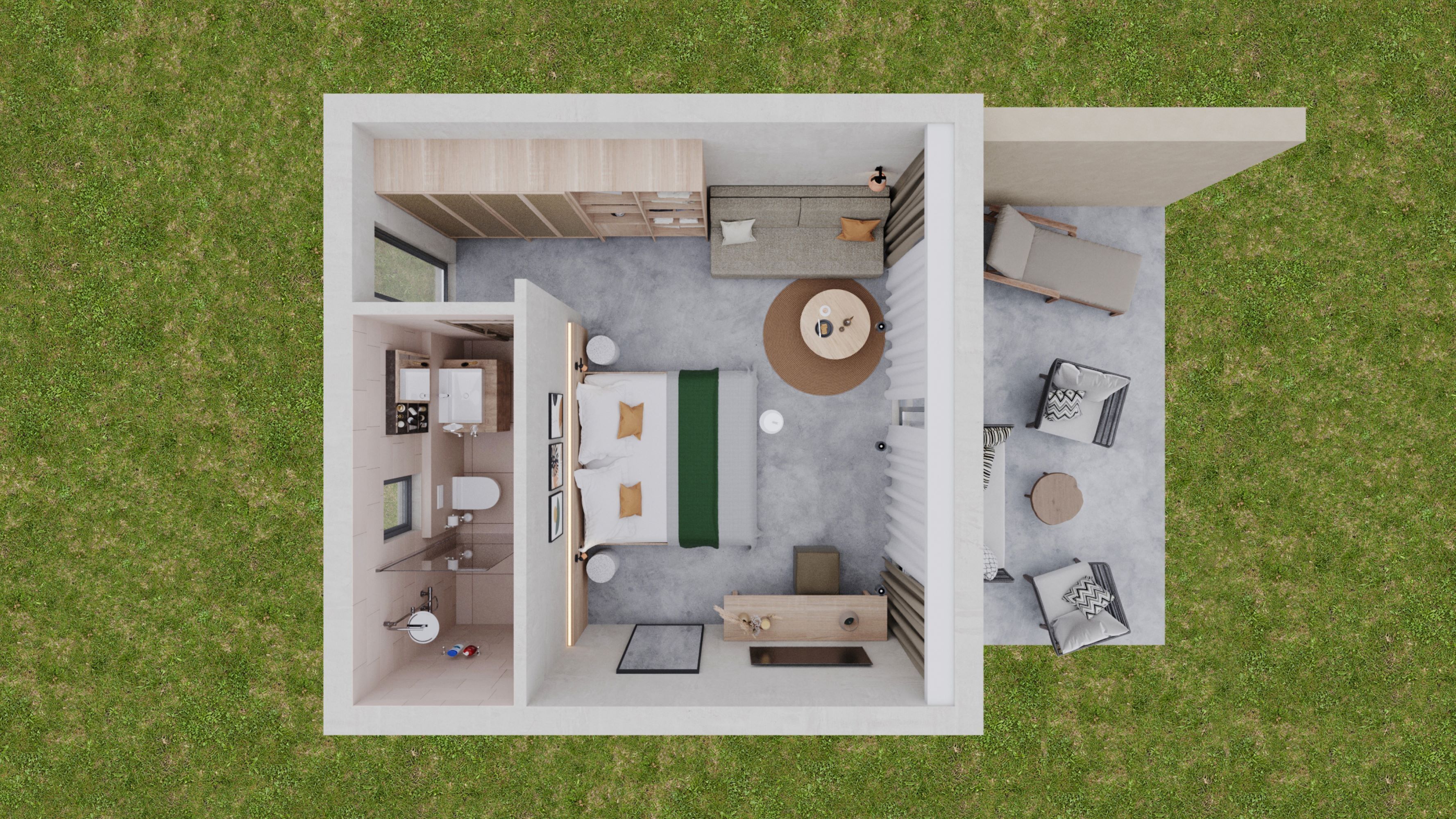 A modern, compact apartment with a kitchenette, a living area with a sofa and coffee table, a bedroom with a bed and bedside tables, and a bathroom.