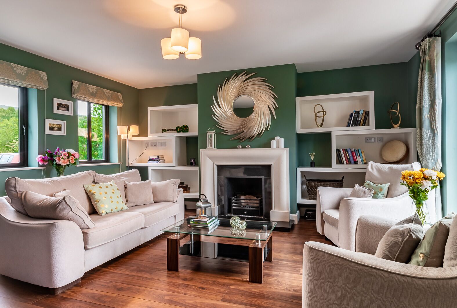 Smart TV, fireplace, books