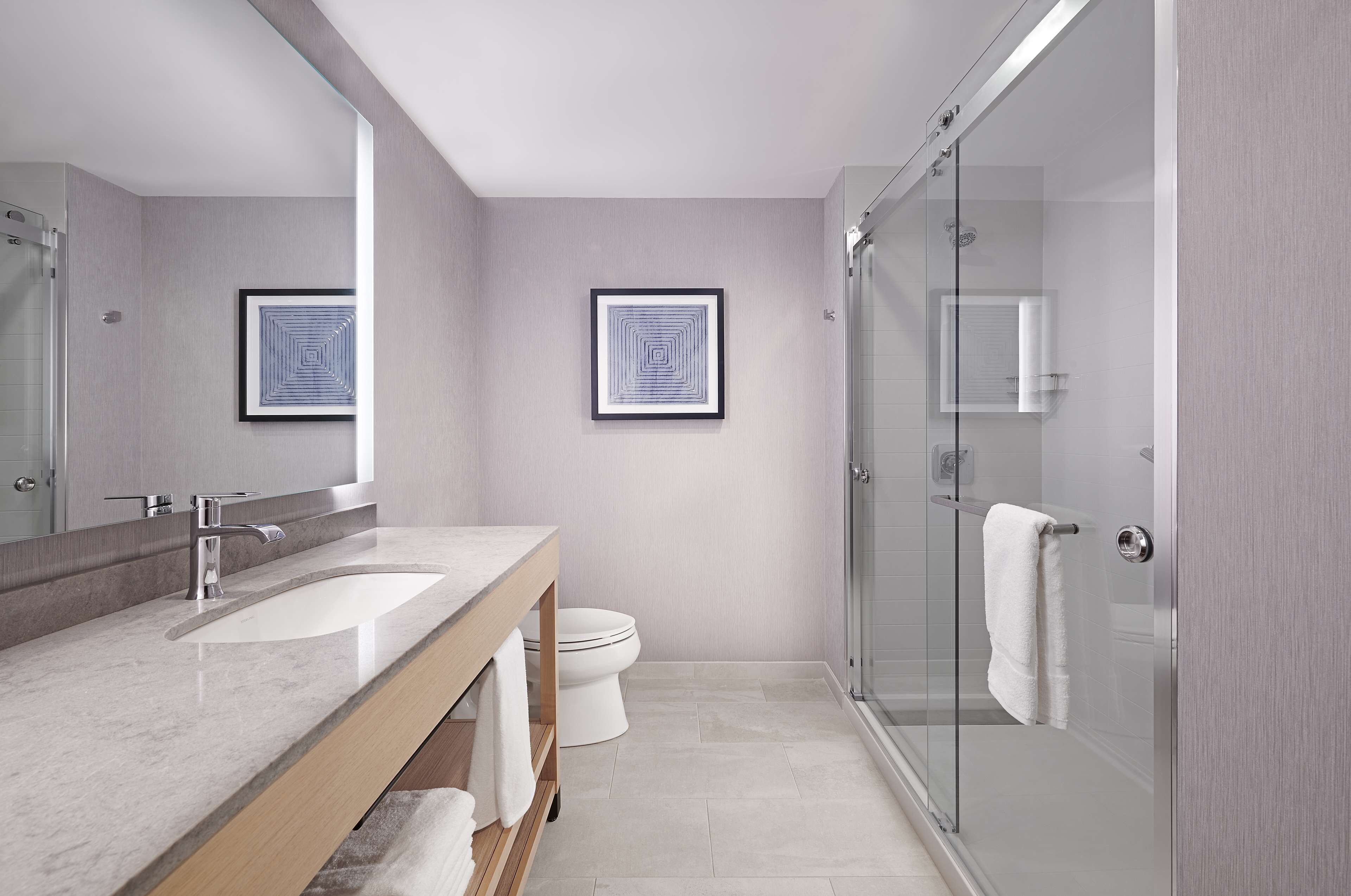 A modern bathroom with a double sink vanity, a toilet, and a glass-enclosed shower.