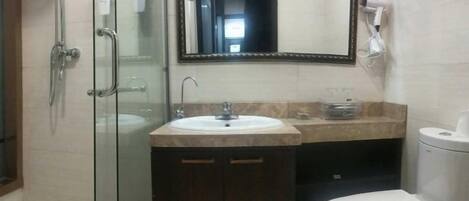 A bathroom with a glass shower enclosure, a sink, a toilet, and a mirror.