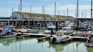 Uma marina com vários barcos atracados, um edifício coberto com telhado inclinado e uma pessoa em um cais.