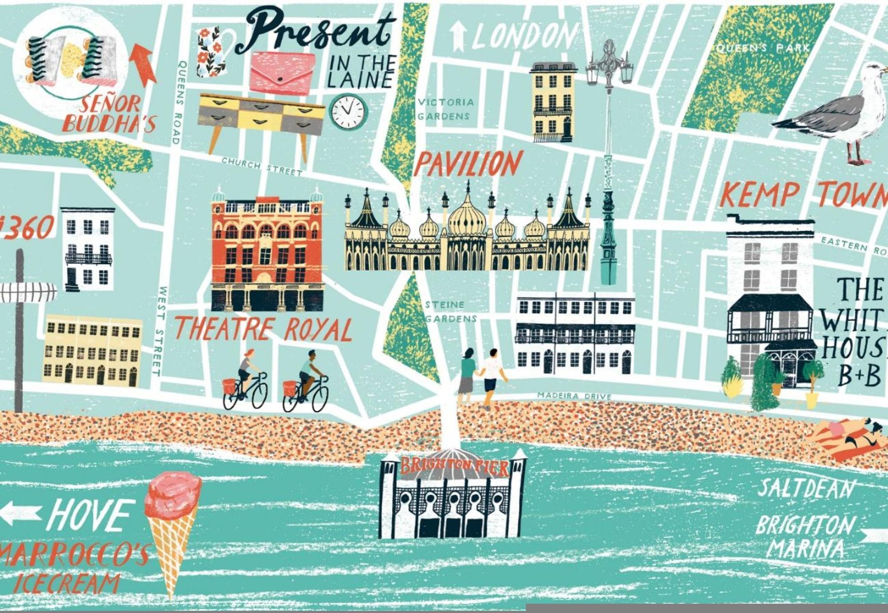 A stylized map of Brighton with landmarks like the Theatre Royal, Pavilion, and Brighton Pier.