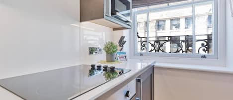 Apartment | Private kitchen | Stovetop, dining tables