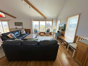 TV a schermo piatto, lettore DVD, giocattoli, libri