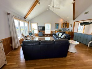 Flat-screen TV, DVD player, toys, books