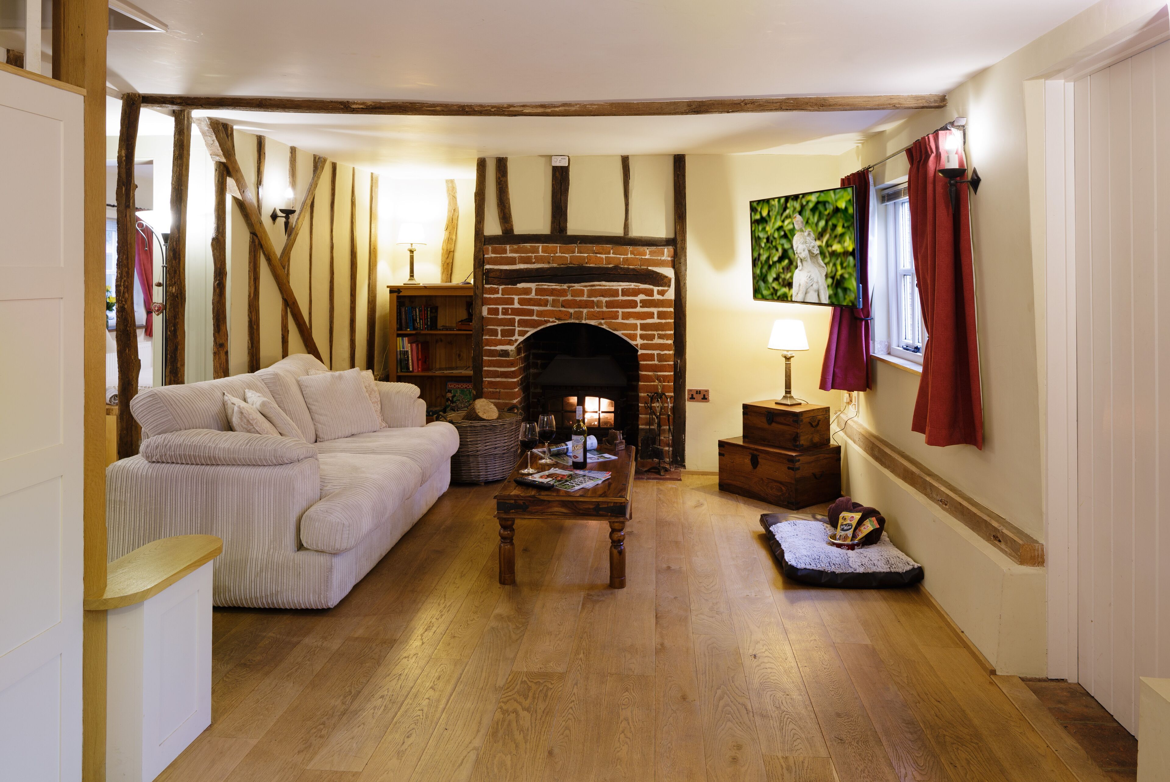 Smart TV, fireplace, books