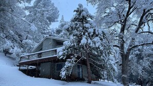 Una cabaña cubierta de nieve con un balcón, rodeada de árboles.
