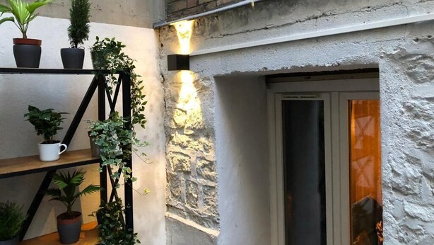 A staircase with potted plants, a textured wall, and a door leading to a room. - Apartment 19 rue Gutenberg (Paris)