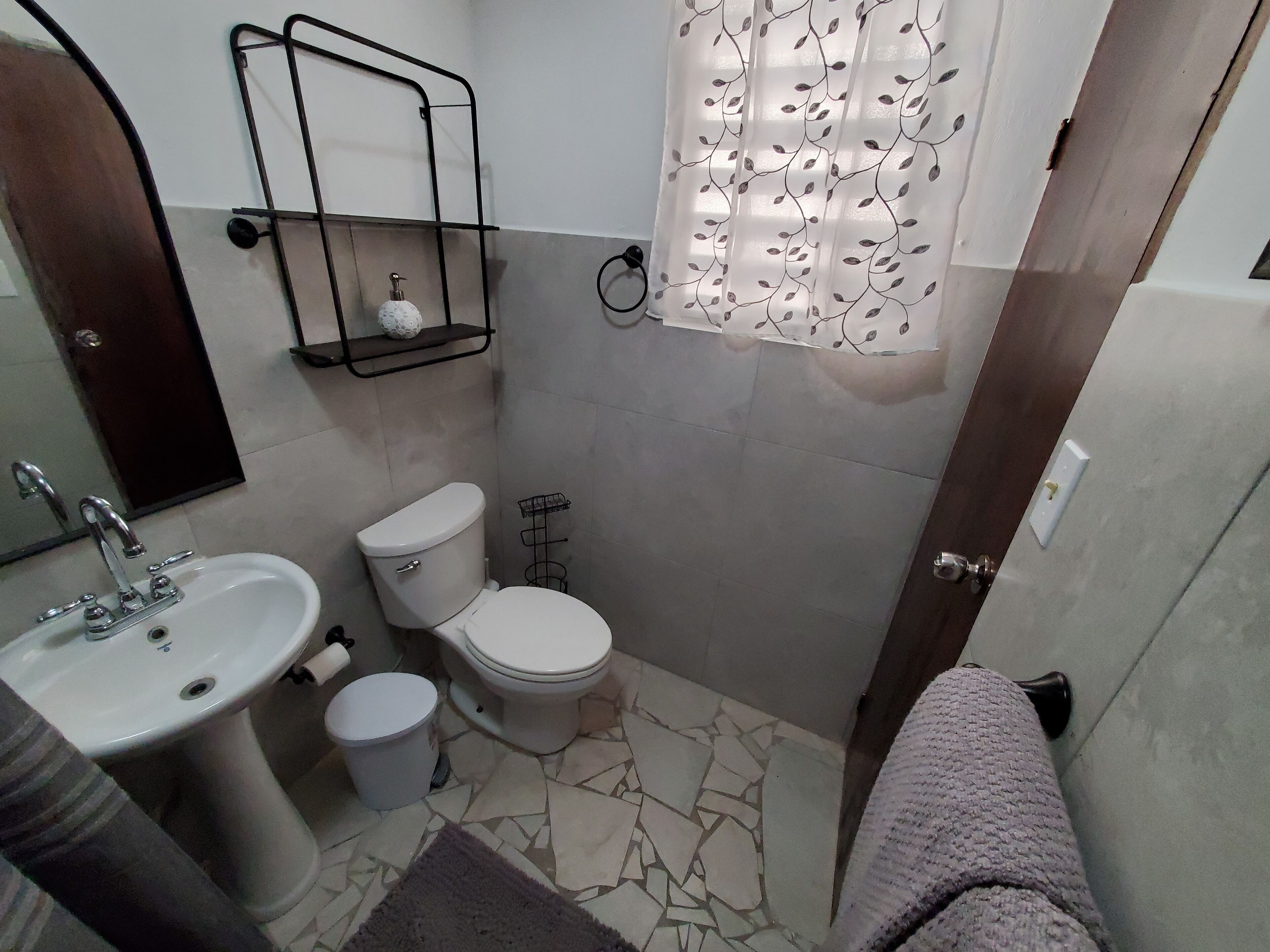 A bathroom with a toilet, sink, and shower curtain.