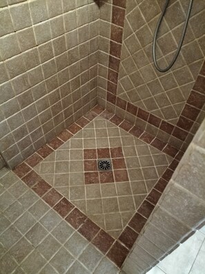Shower, hair dryer, soap, toilet paper