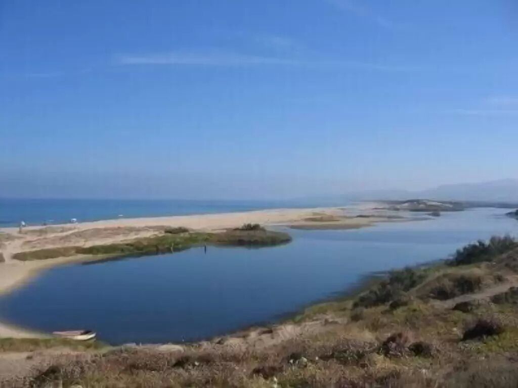 Un paysage côtier comprenant une rivière, des zones sablonneuses et une végétation clairsemée.