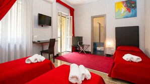 A hotel room with two beds, a desk, a television, and a painting on the wall. - Domus Fabiola Vaticano Matrimoniale (Roma)