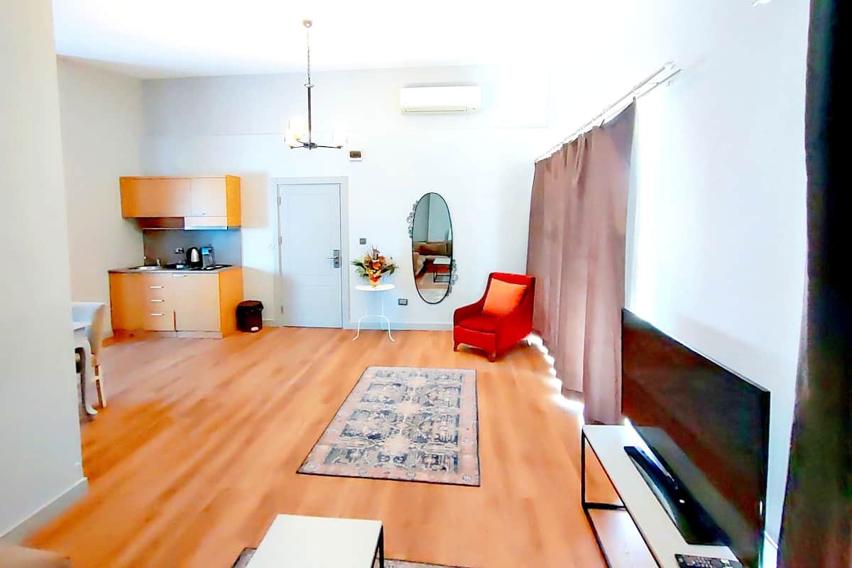 A compact living space with a kitchenette, a dining area, a red armchair, a large mirror, and a flat-screen TV.