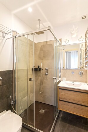 Shower, hair dryer, towels