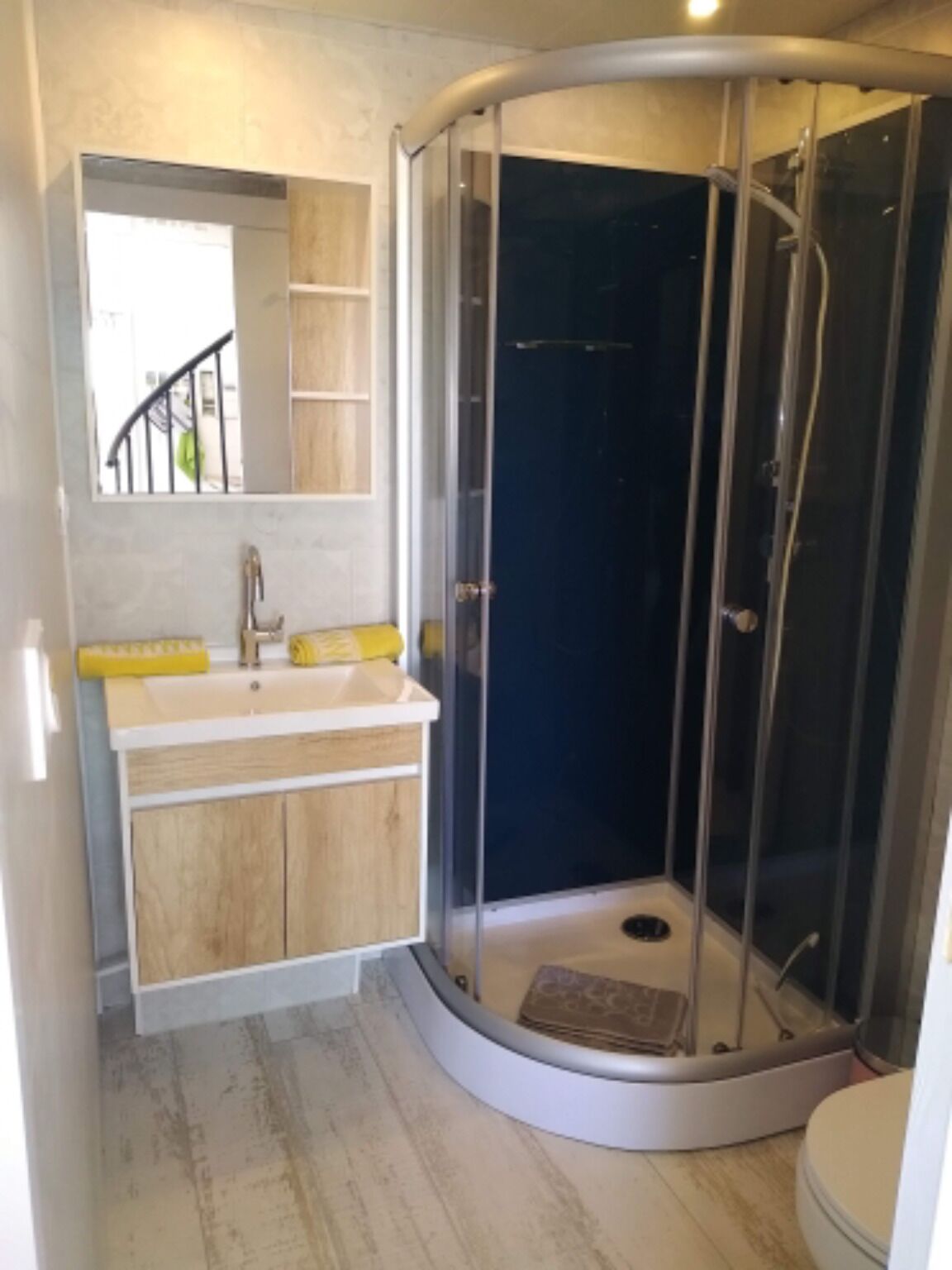 Une salle de bain avec une douche à parois incurvées, un lavabo avec un miroir au-dessus et des toilettes.