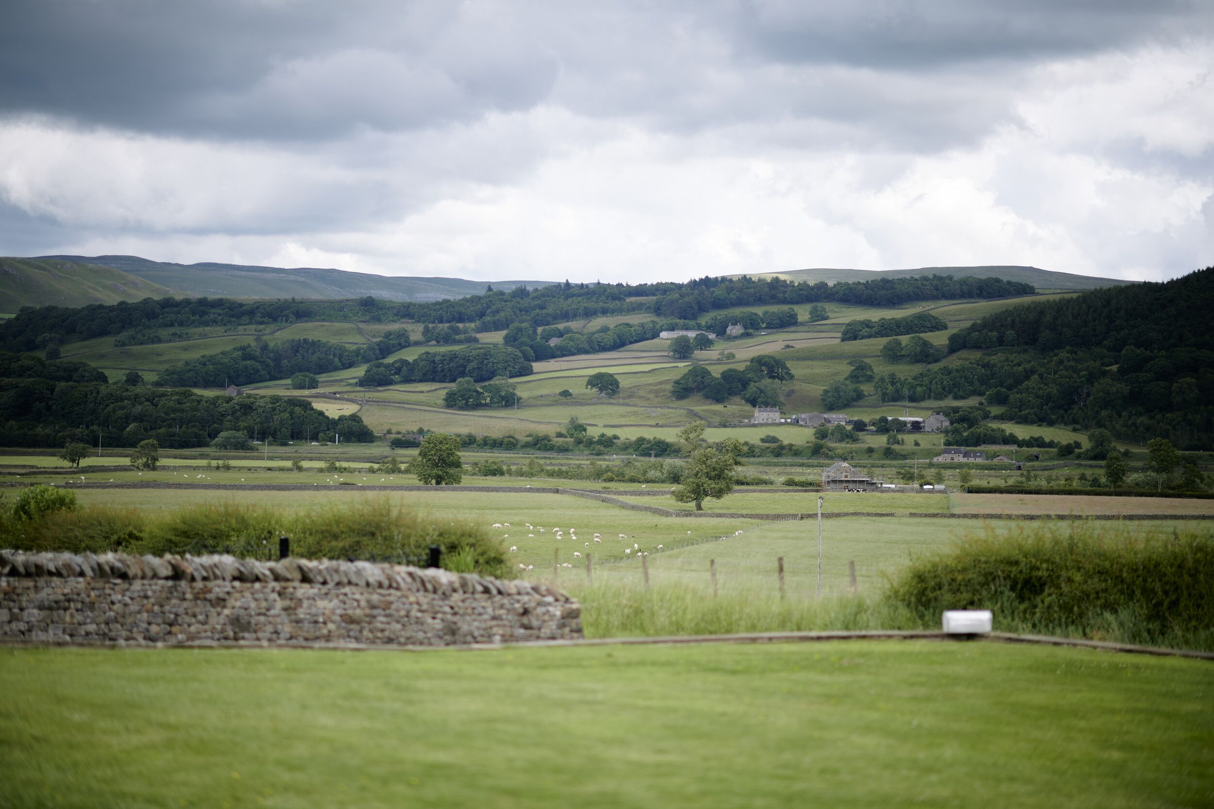 A rural landscape with rolling hills, a stone wall, and a fenced field with sheep.