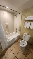 A bathroom with a bathtub, toilet, and a shower.