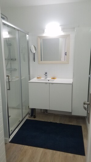 Ducha, secador de pelo, toallas, jabón