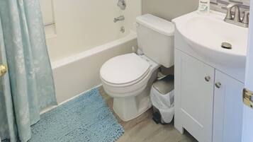 Bathtub, hair dryer, towels, toilet paper