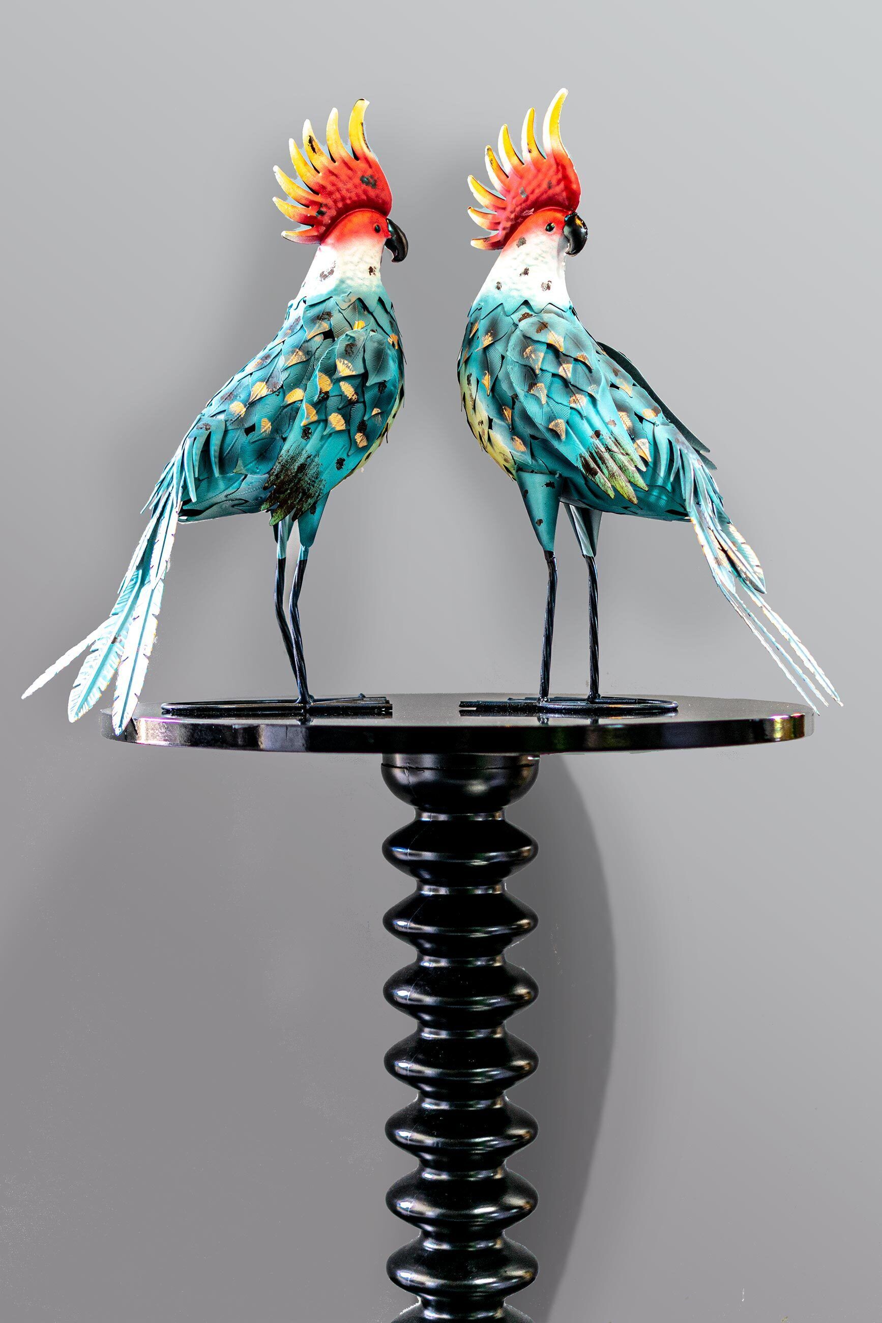 Deux oiseaux aux couleurs vives étaient perchés sur une table noire dont le pied était en forme de spirale.