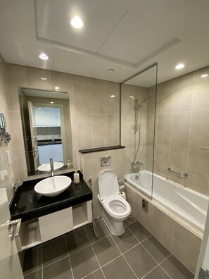 Hair dryer, towels, soap, toilet paper