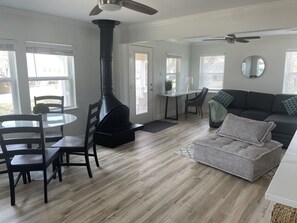 Smart TV, fireplace, DVD player, books