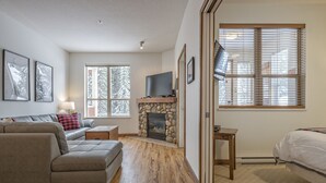 Un salon confortable avec une cheminée en pierre, un téléviseur à écran plat, un canapé et un lit.