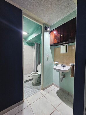Bathroom features a toilet, sink with mirror, and shower area with curtain.