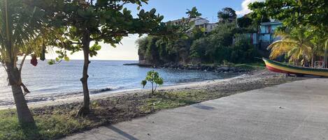 On the beach, sun loungers, beach towels