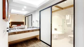 Hair dryer, towels, soap, shampoo