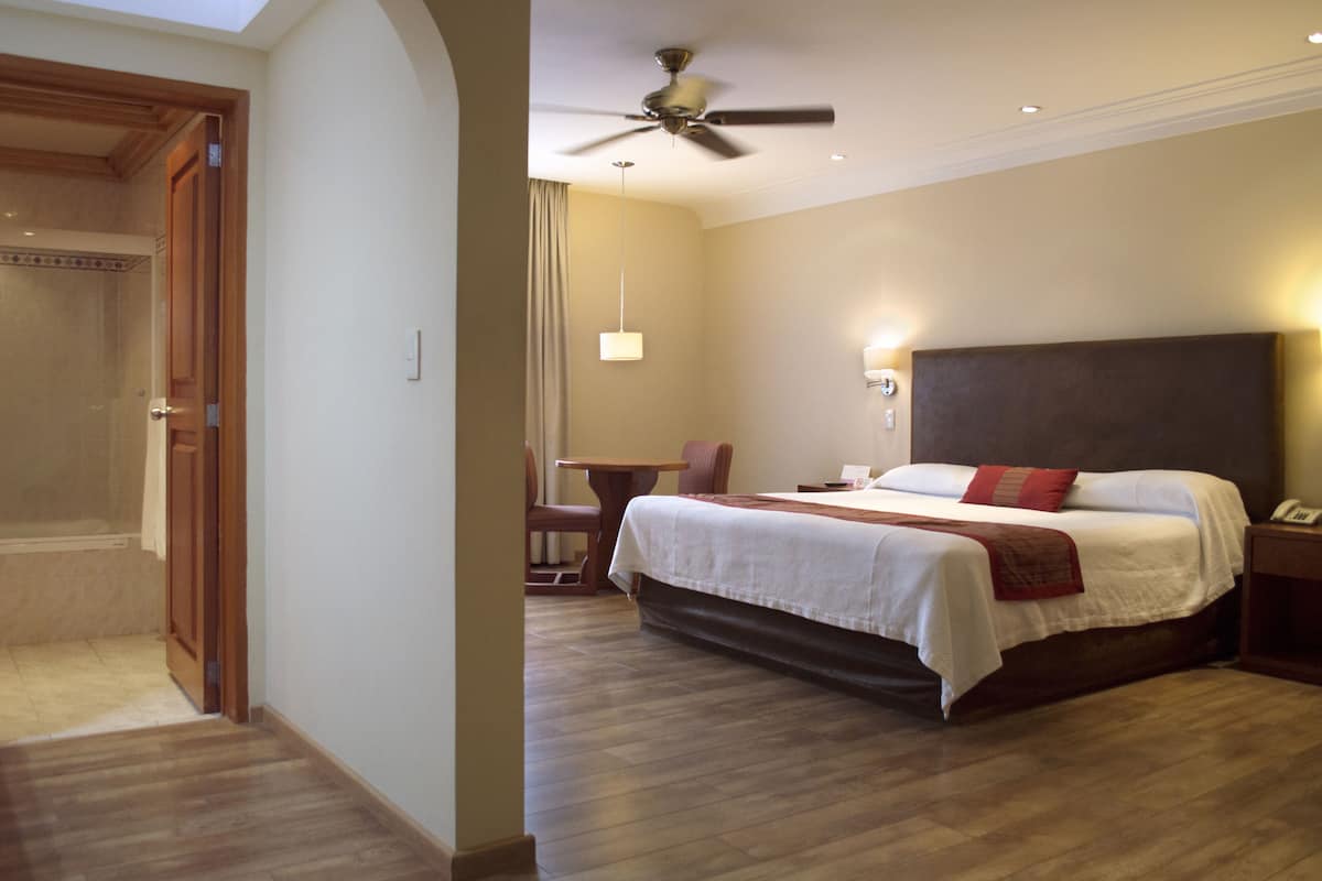Habitación de hotel con cama, mesita de noche, ventilador de techo y baño con ducha e inodoro.