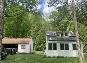 Two single-story structures blend seamlessly into a serene wooded setting, surrounded by lush greenery and trees.